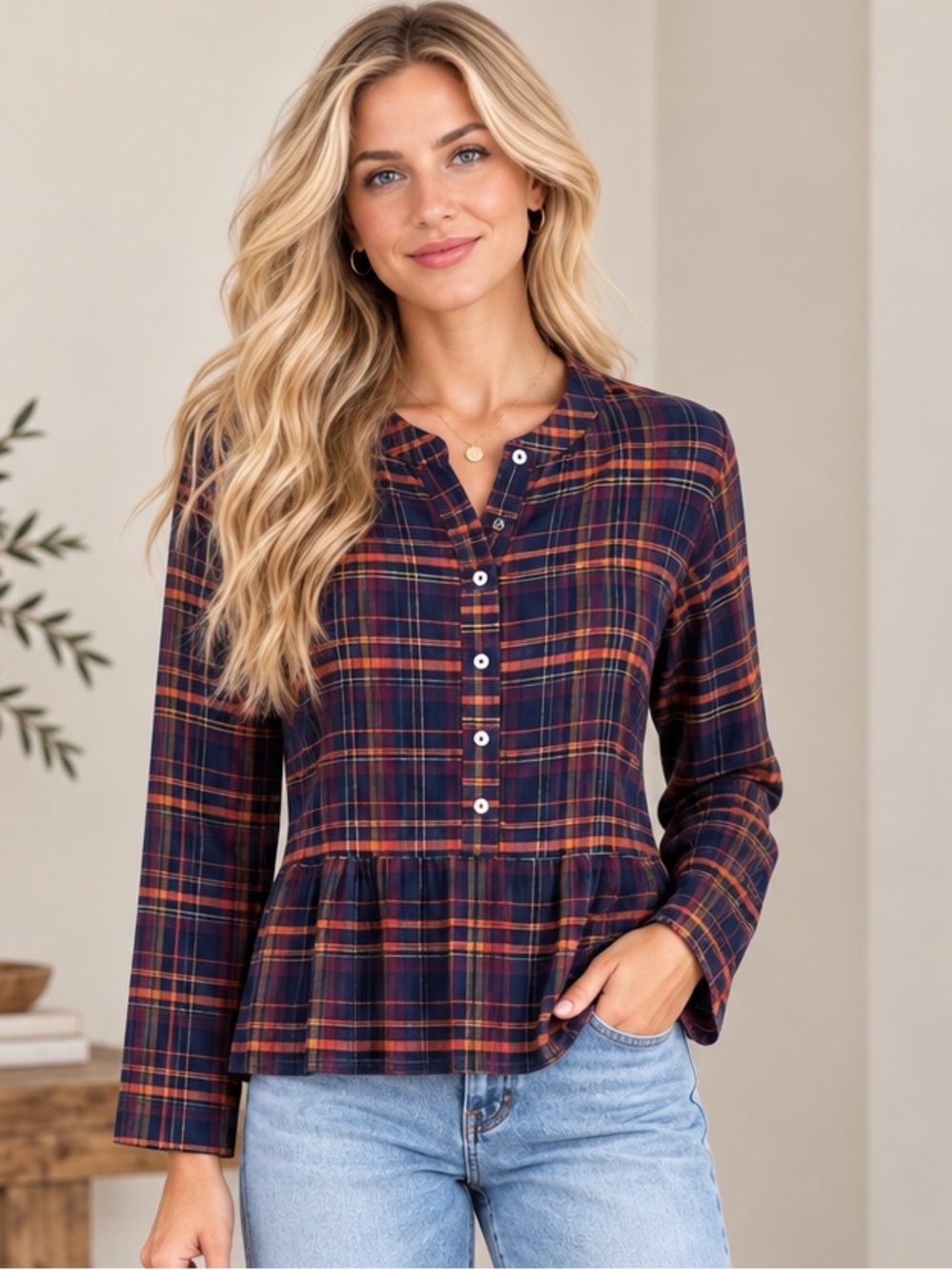 Natural Life Plaid Lurex Peplum Button Front Blouse Navy Orange Size L